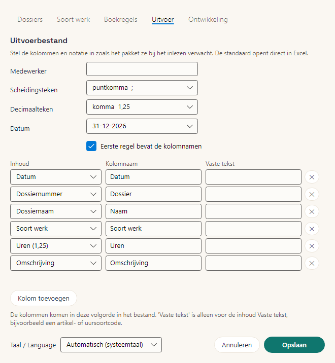 Het tabblad Uitvoer op de Mac, met de knop Kolom toevoegen