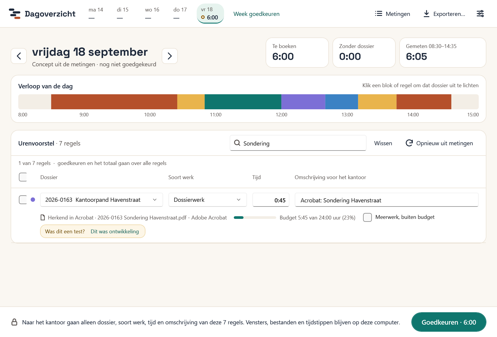 Gezocht op "Sondering": de regel op 2026-0163 met het label "Was dit een test?"