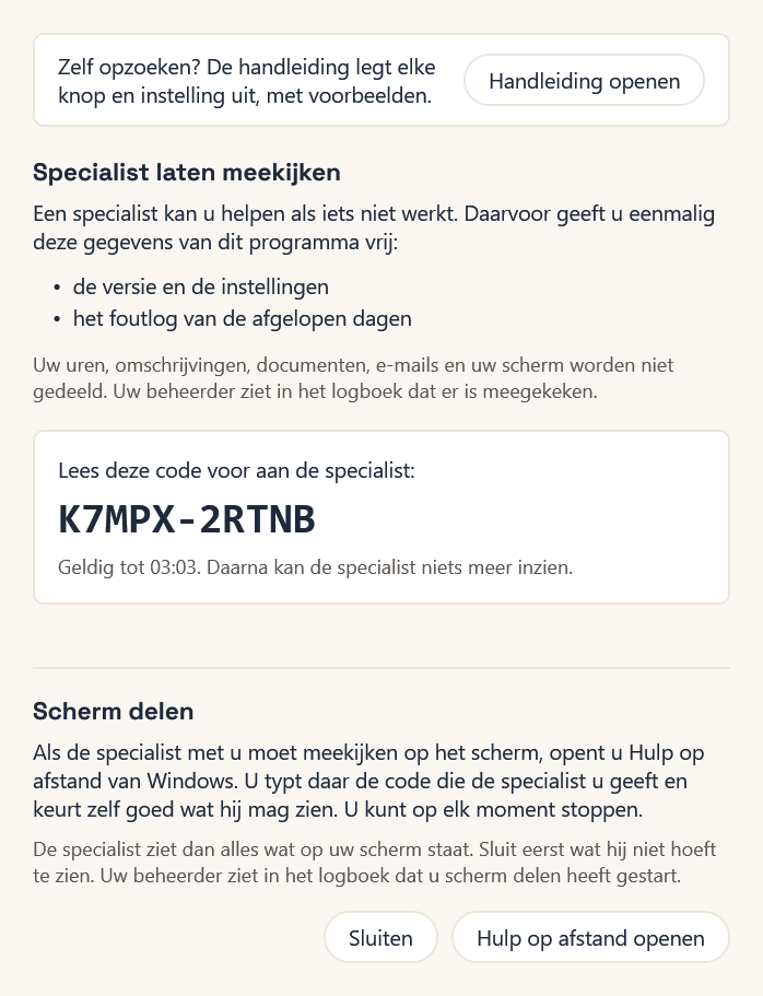 Het venster Hulp op Windows, met de code voor de specialist