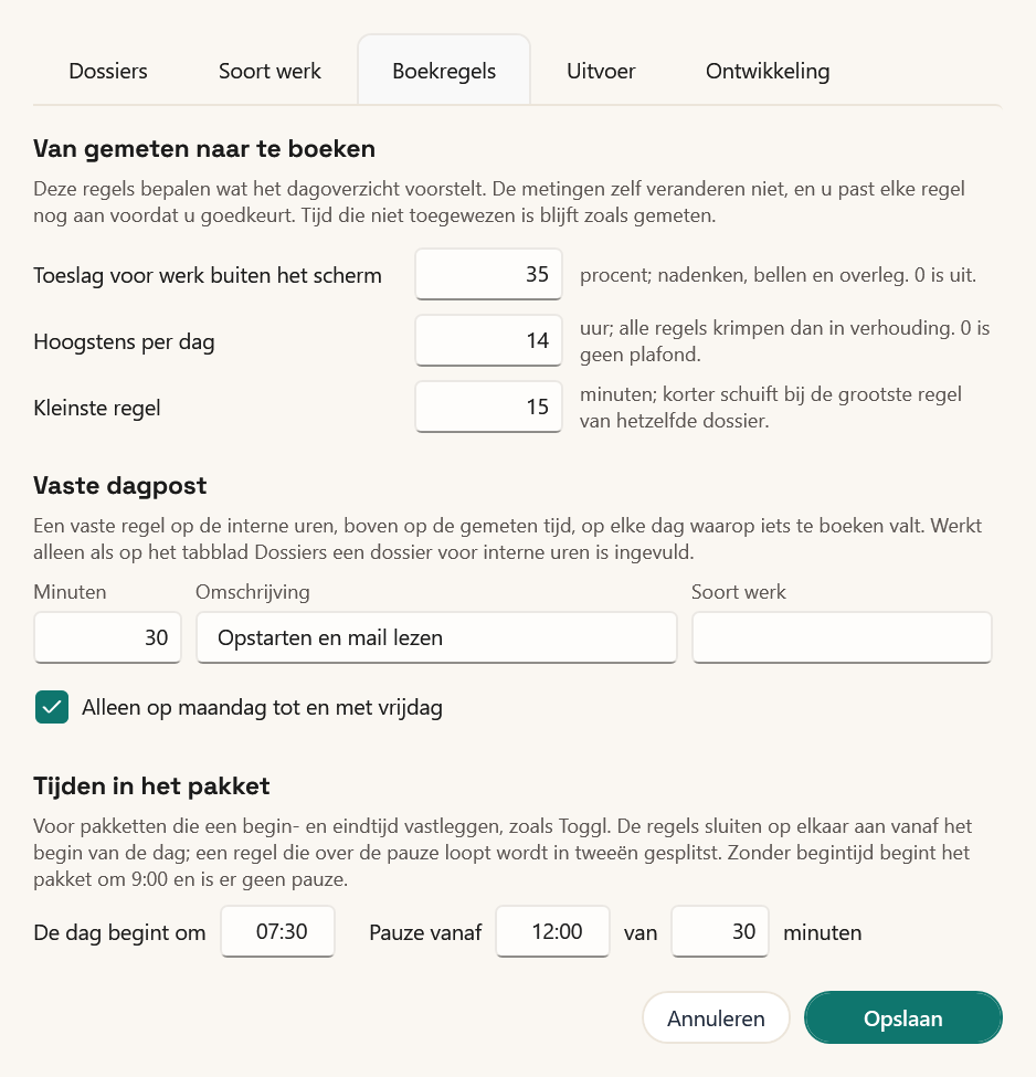 Het tabblad Boekregels met 35 % toeslag, 14 uur per dag, kleinste regel 15 minuten, een vaste dagpost van 30 minuten en tijden vanaf 07:30 met een pauze om 12:00