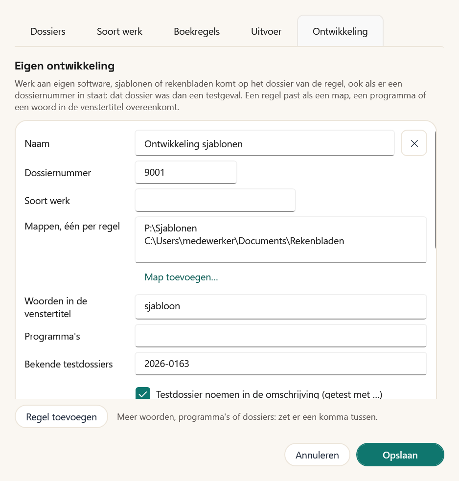 Het tabblad Ontwikkeling met de regel "Ontwikkeling sjablonen"
