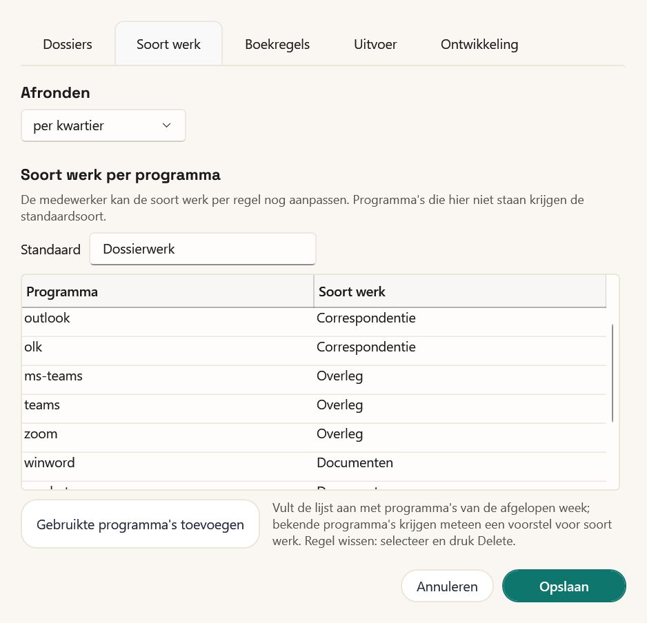 Het tabblad Soort werk met de regels per programma