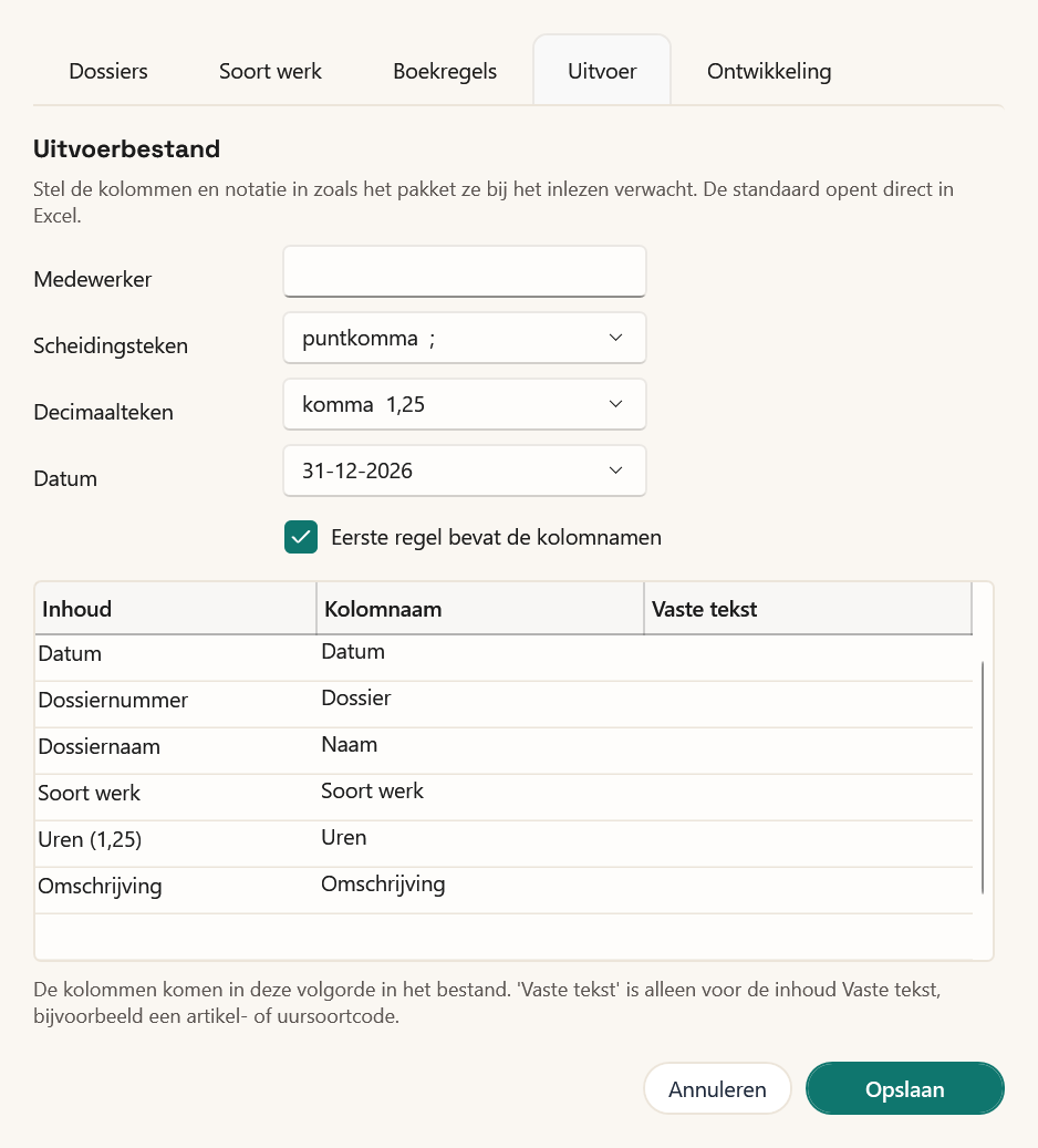 Het tabblad Uitvoer met de standaardinstellingen