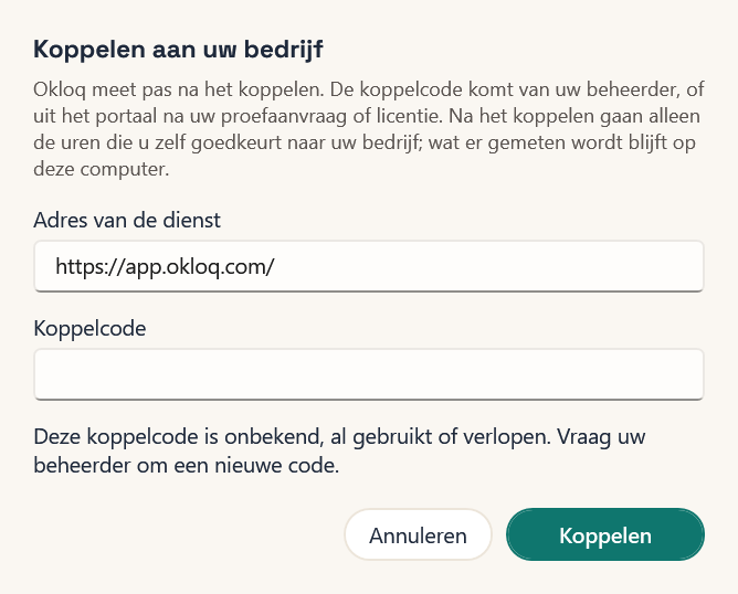Het venster Koppelen aan bedrijf op Windows, met de melding bij een code die niet meer werkt