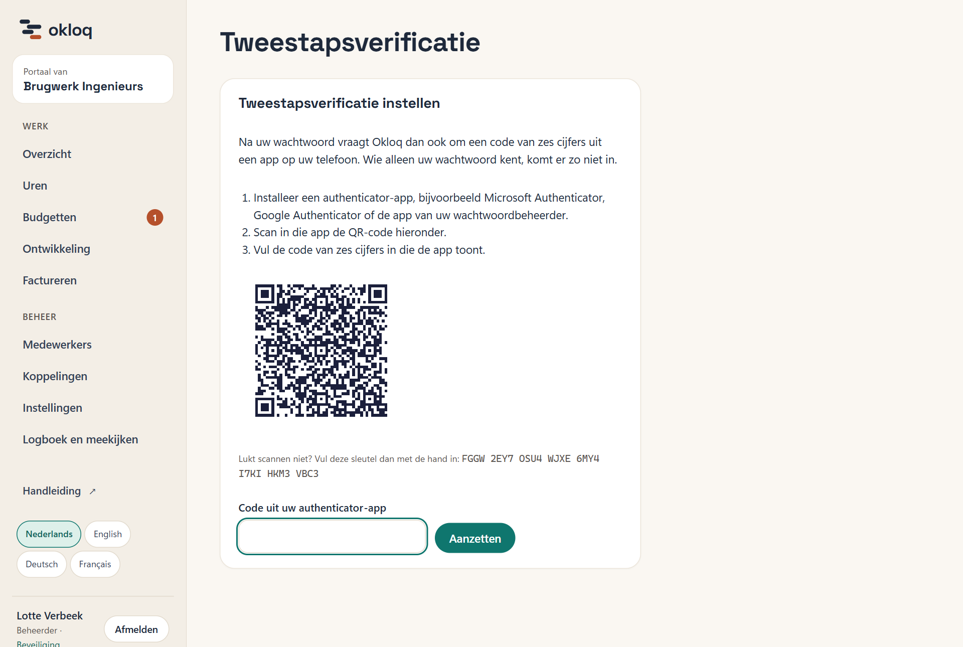 De pagina Tweestapsverificatie met de QR-code