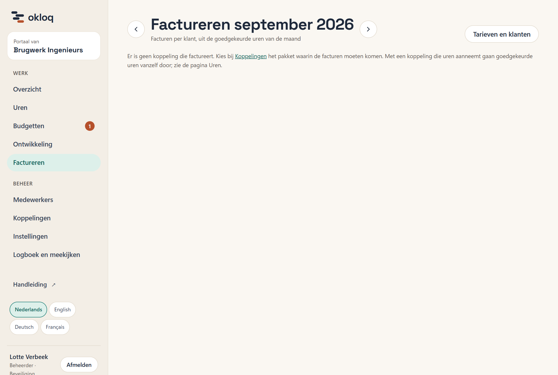 Factureren in het demoportaal van Brugwerk: zonder koppeling die factureert zie je alleen de verwijzing naar Koppelingen