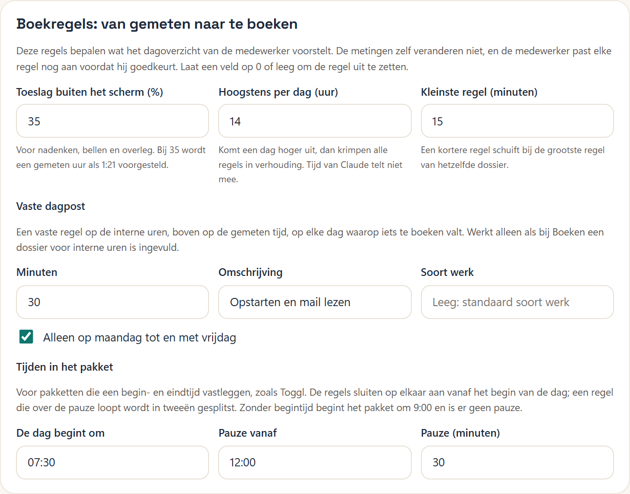 Het blok Boekregels in het portaal met de instellingen van Brugwerk