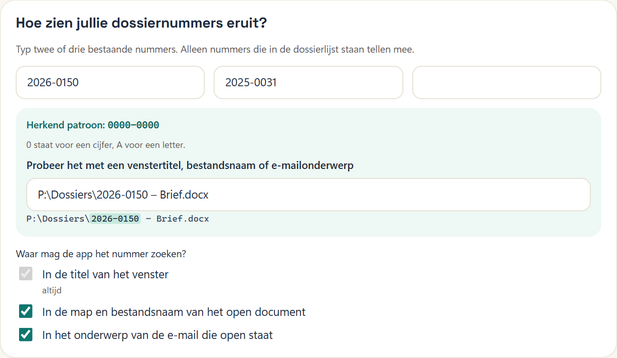 Het blok Hoe zien jullie dossiernummers eruit? met het proefveld