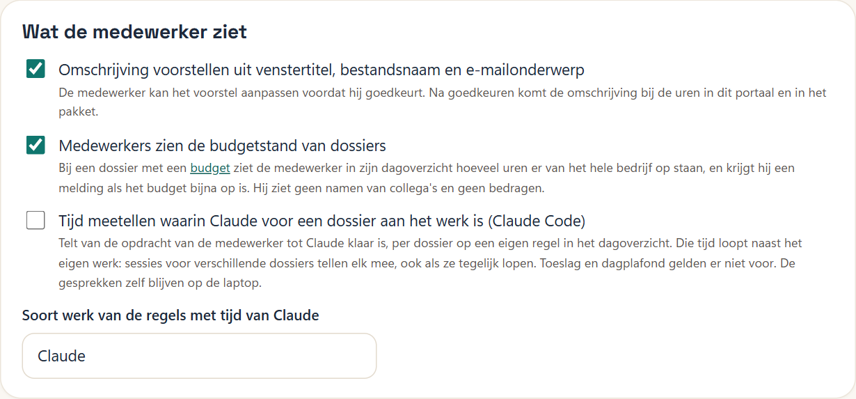 Het blok Wat de medewerker ziet met de keuzes van Brugwerk