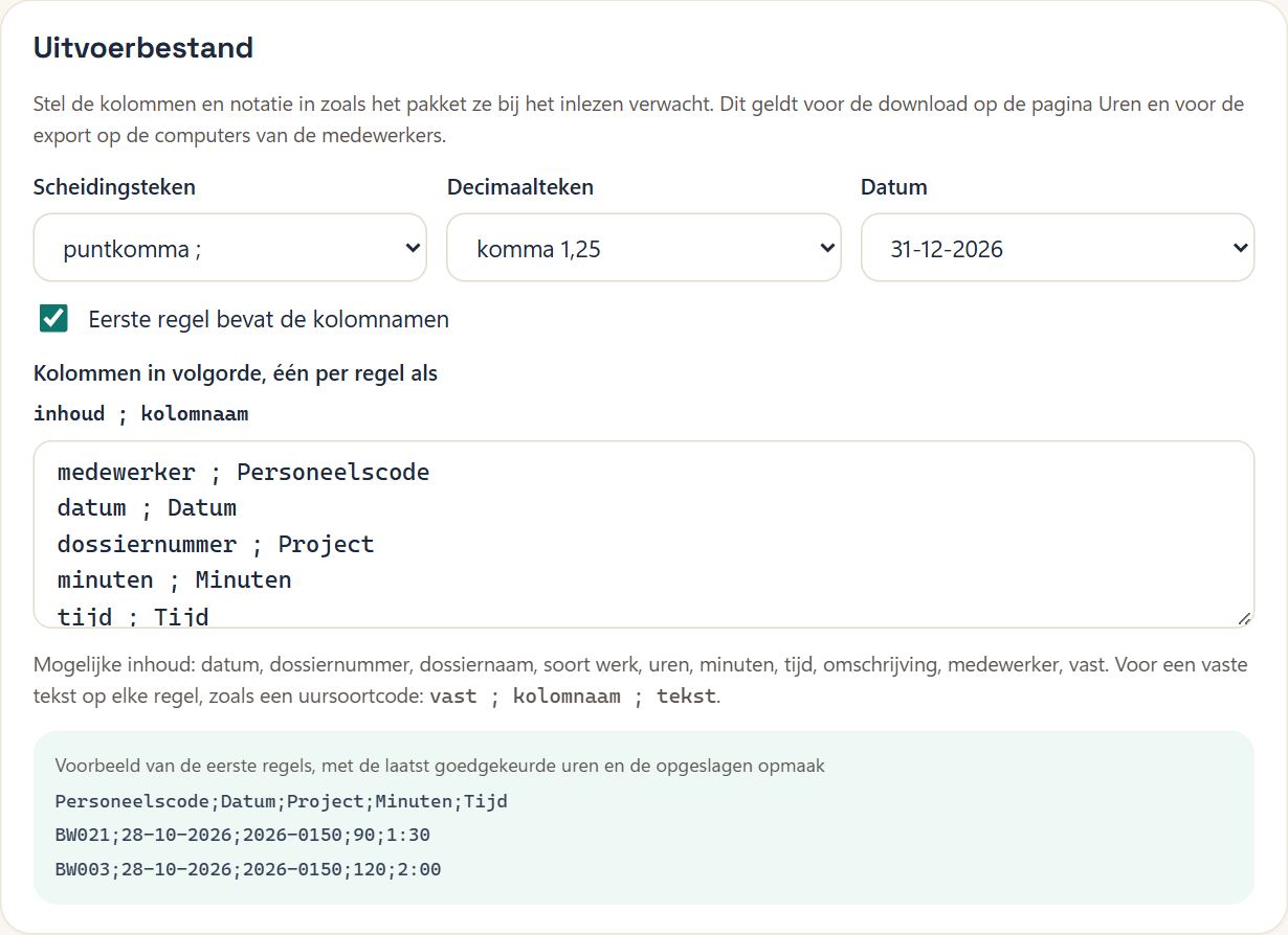 Het blok Uitvoerbestand met de kolommen van Brugwerk en het voorbeeld onderaan