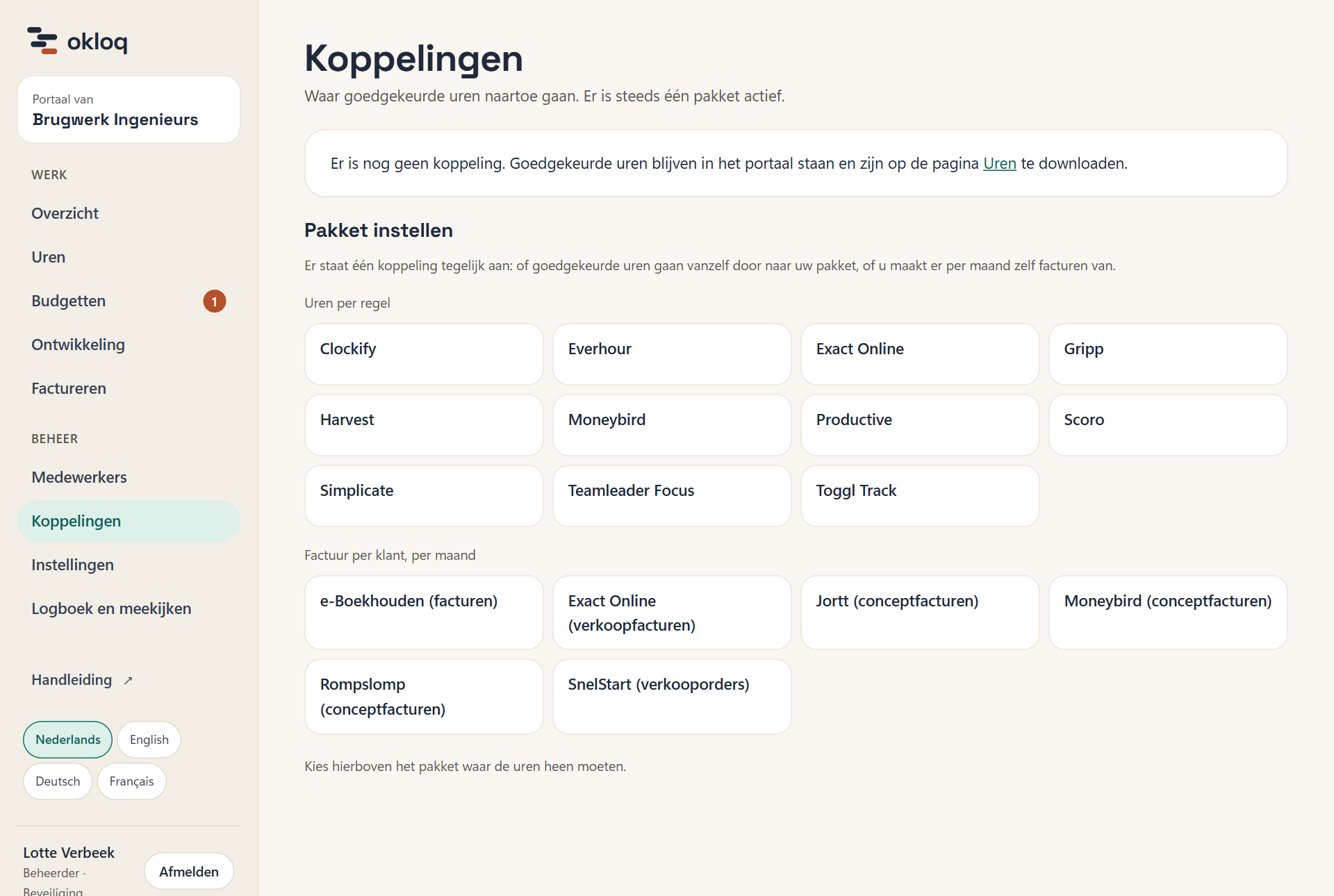 De pagina Koppelingen zonder koppeling, met een tegel per pakket