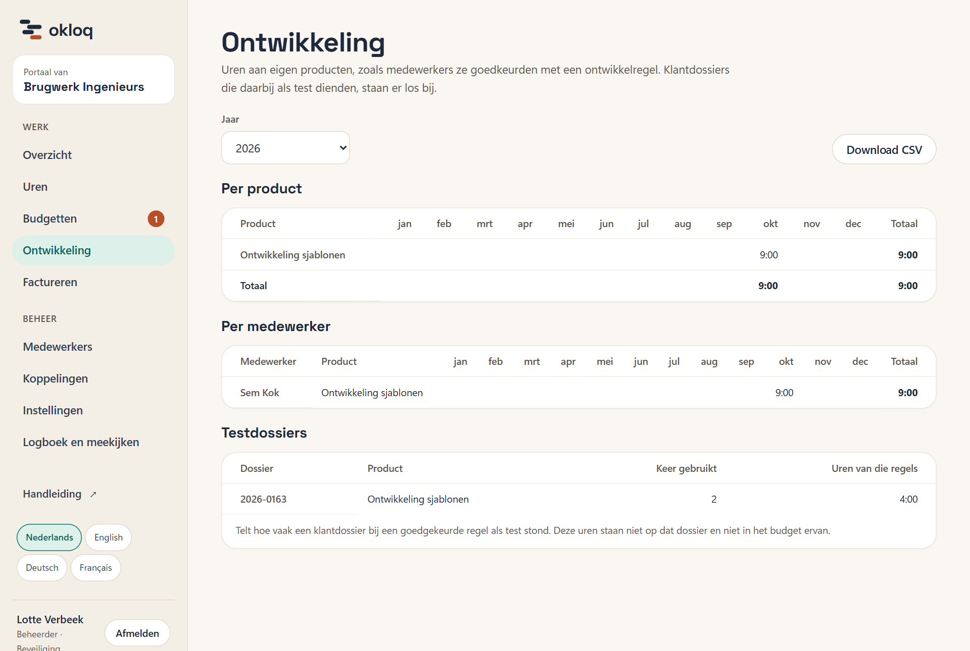 De pagina Ontwikkeling van Brugwerk over 2026, met het product "Ontwikkeling sjablonen" en het testdossier 2026-0163