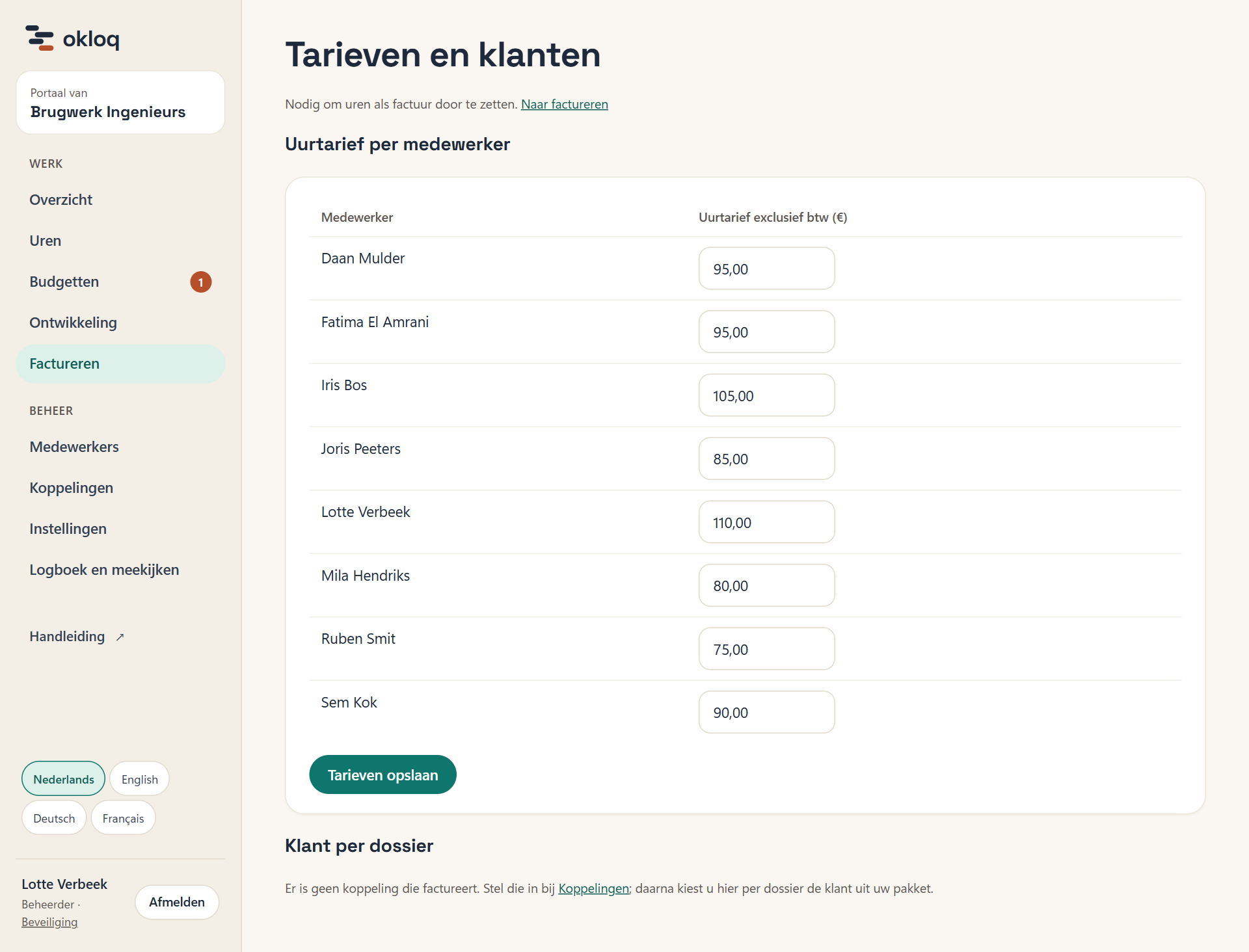 Tarieven en klanten in het demoportaal van Brugwerk: de uurtarieven zijn ingevuld, maar er is geen koppeling die factureert, dus "Klant per dossier" kan nog niet