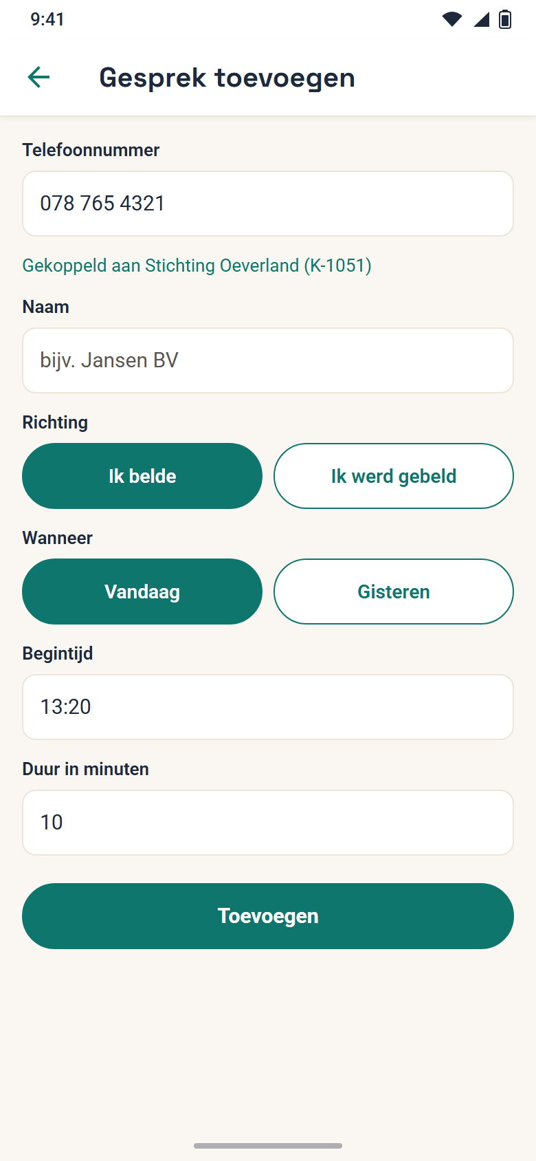 Een gesprek zelf toevoegen; het nummer is al gekoppeld aan K-1051