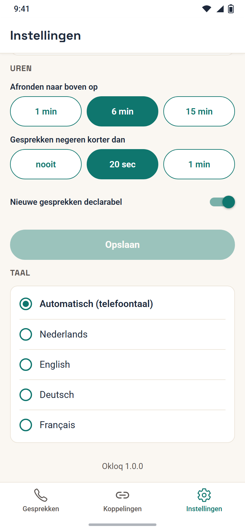 De keuze van de taal, onder de instellingen voor Uren